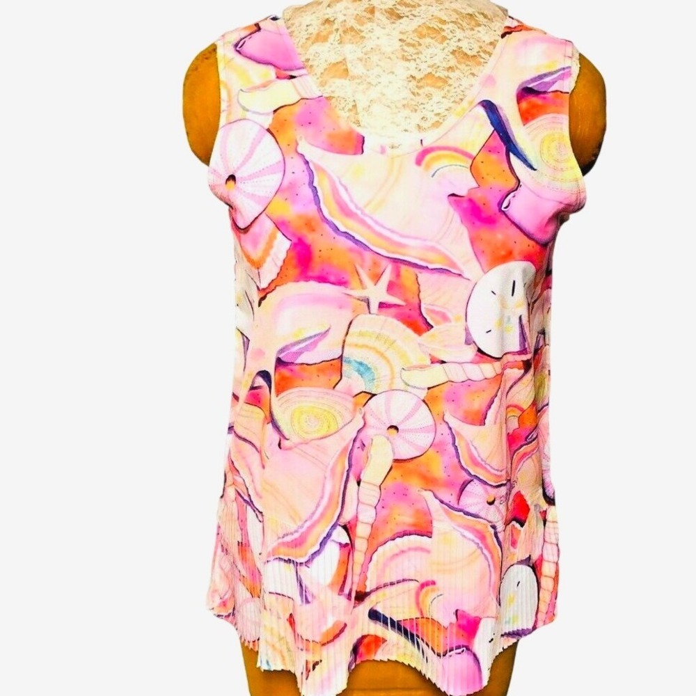 Ellen Negley Tank Top Womens‎ M Seashell Pleated Hem Pink Signed Arts Beach